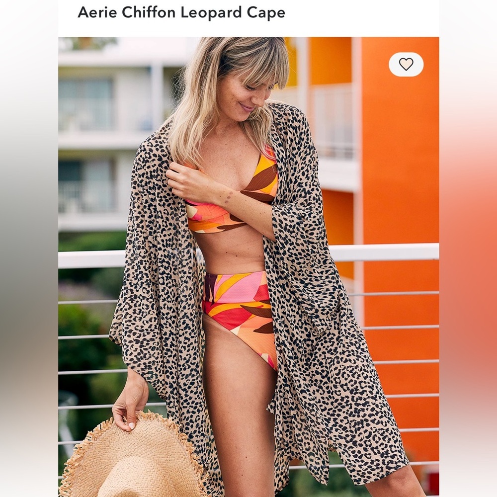 Aerie Chiffon Leopard Cape Semi Sheer Cover Up Kimono Brown Open Front Swim Pool